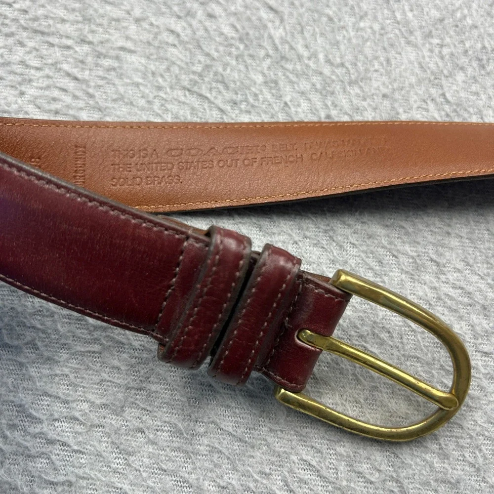 Coach Belt Mens 38 Burgundy French Calfskin Leather Solid Brass Buckle 3858 USA
